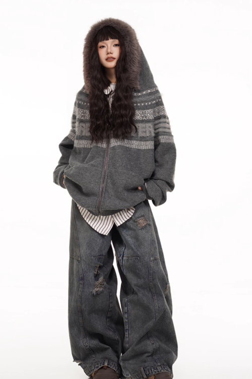 Fur Hood Retro Knit Cardigan