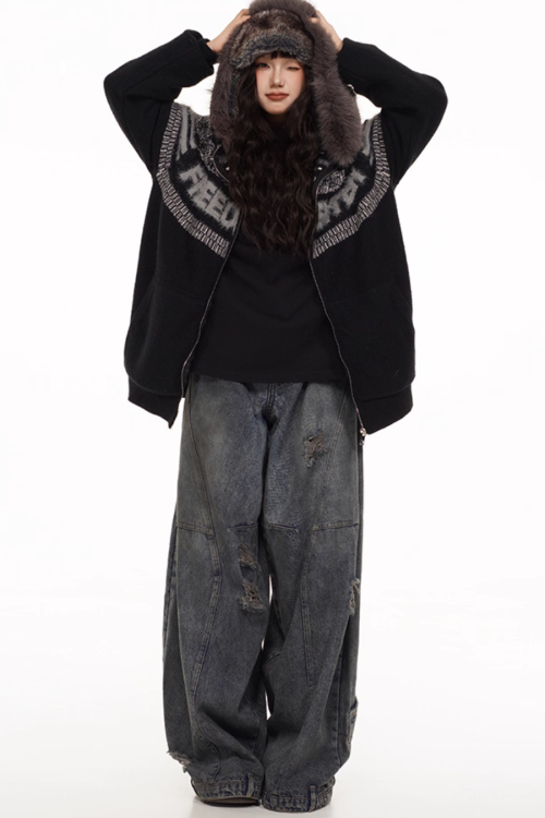 Fur Hood Retro Knit Cardigan