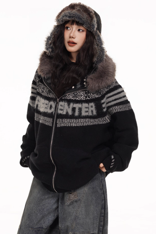 Fur Hood Retro Knit Cardigan