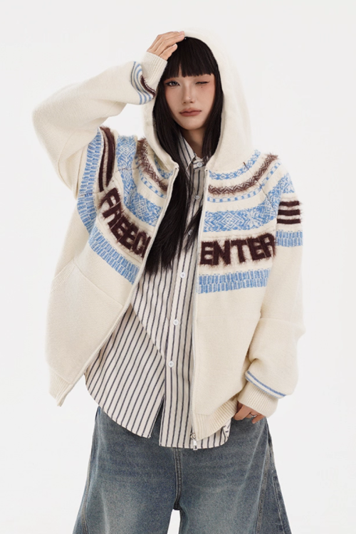 Fur Hood Retro Knit Cardigan