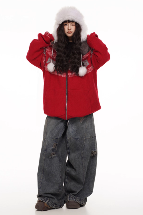 Fur Hood Retro Knit Cardigan