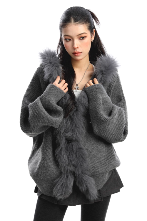 Fur Hood Zip Up Knit