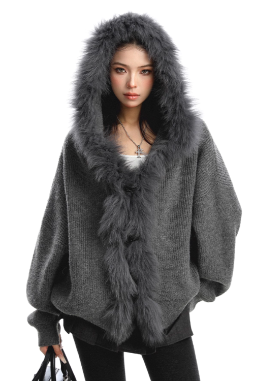Fur Hood Zip Up Knit