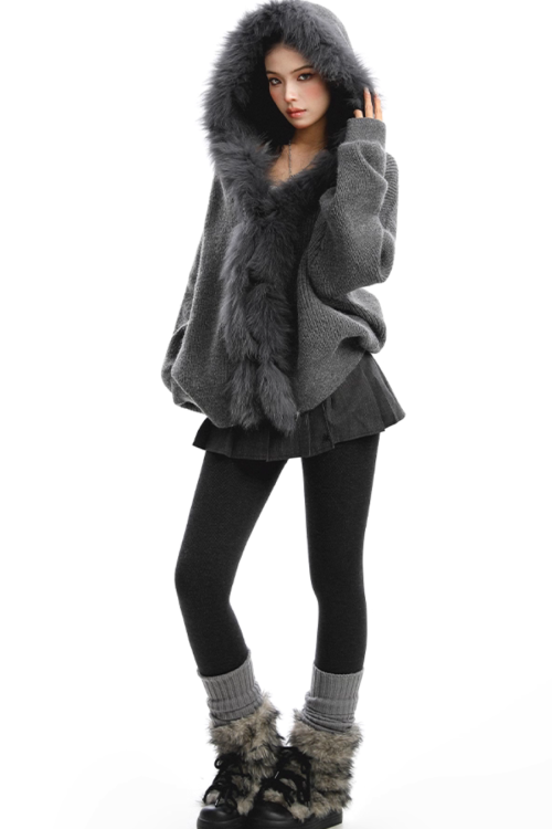 Fur Hood Zip Up Knit
