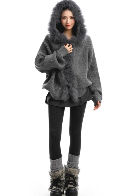 Fur Hood Zip Up Knit