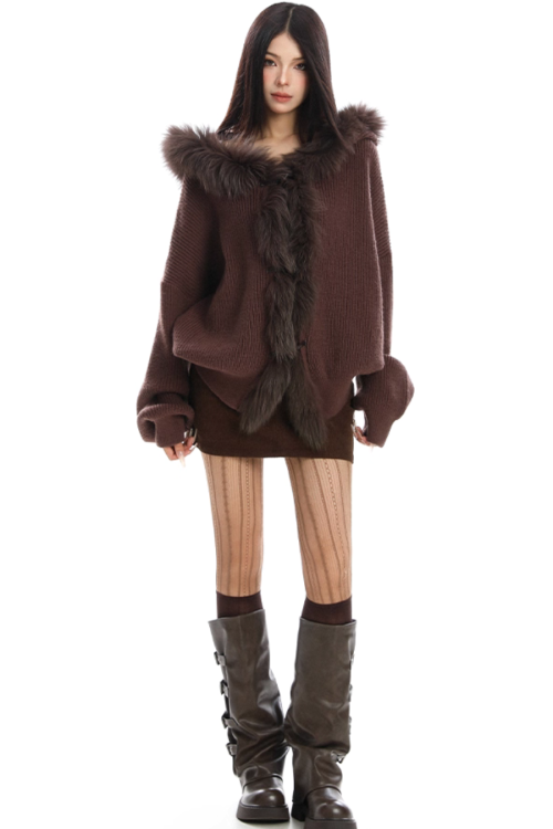 Fur Hood Zip Up Knit