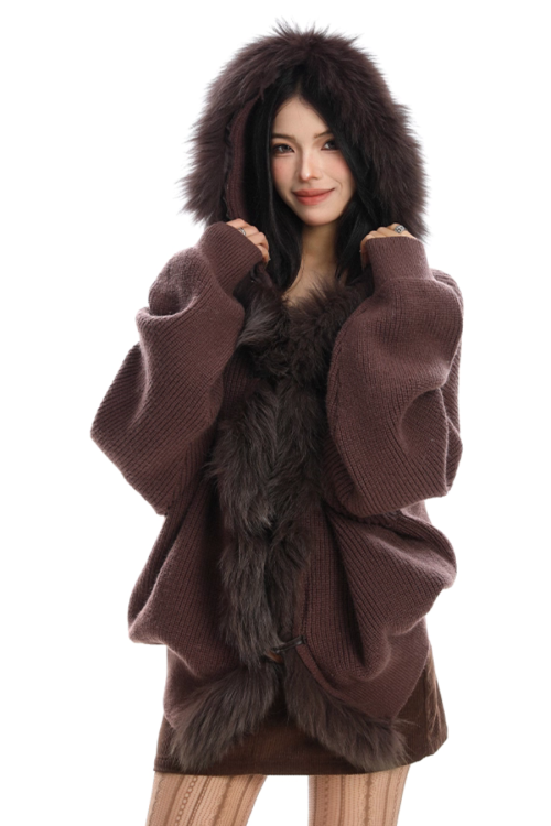 Fur Hood Zip Up Knit