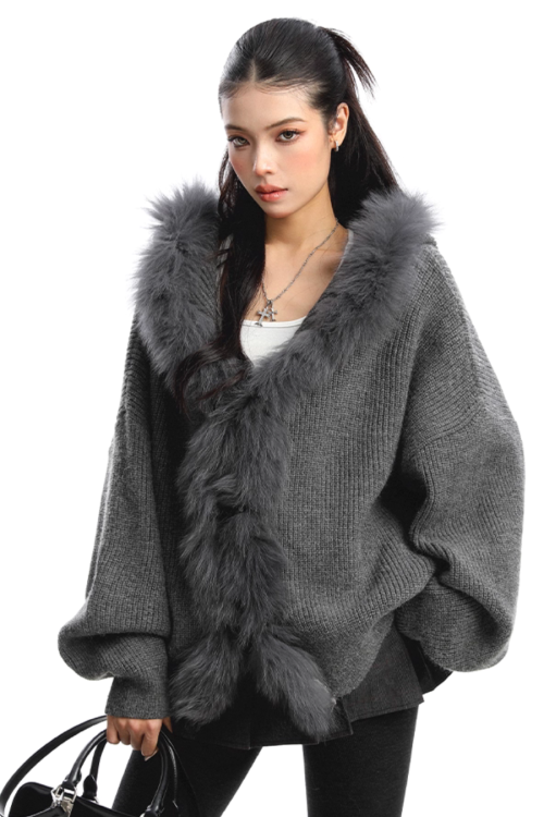 Fur Hood Zip Up Knit