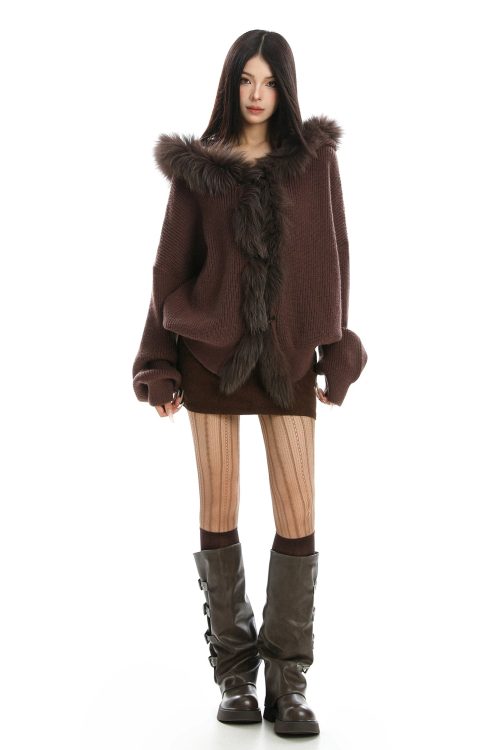 Fur Hood Zip Up Knit