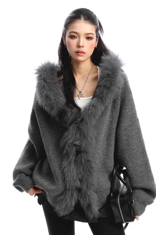 Fur Hood Zip Up Knit