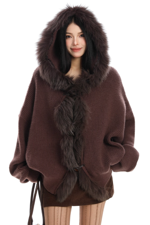 Fur Hood Zip Up Knit
