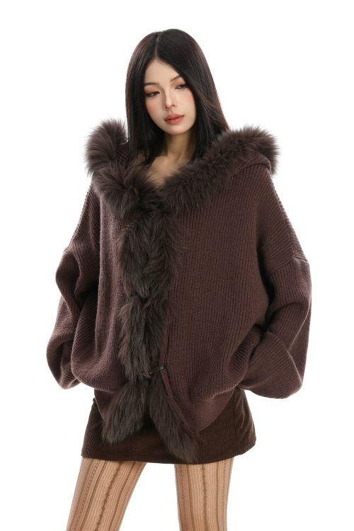 Fur Hood Zip Up Knit