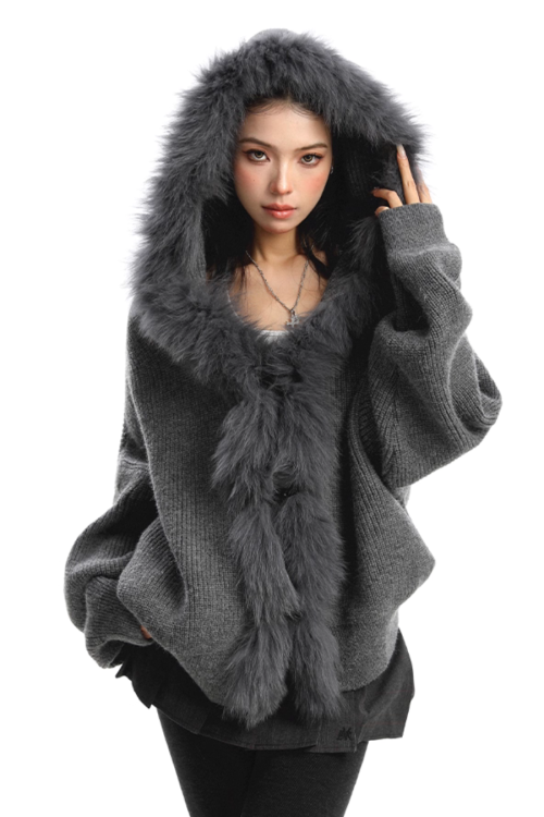 Fur Hood Zip Up Knit