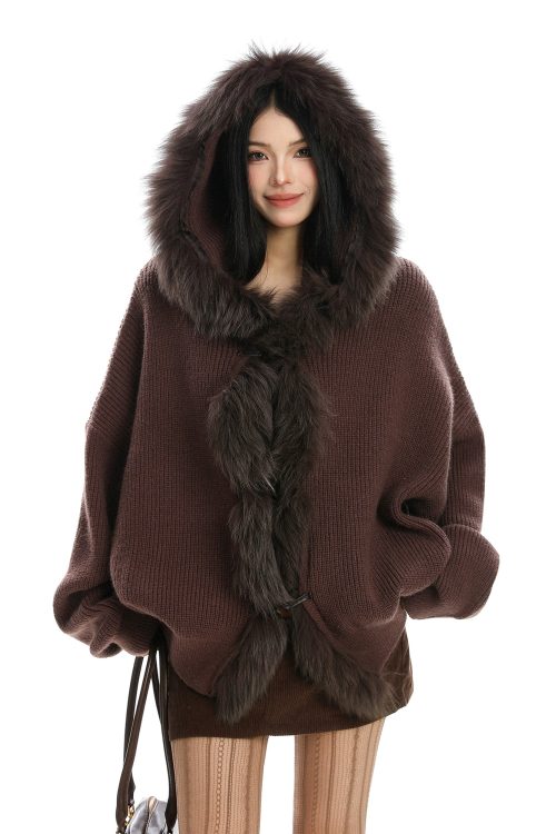 Fur Hood Zip Up Knit