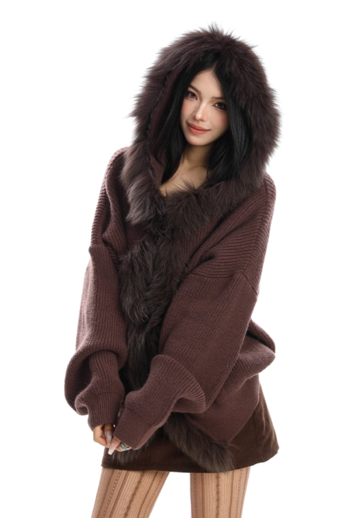 Fur Hood Zip Up Knit