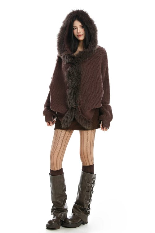 Fur Hood Zip Up Knit