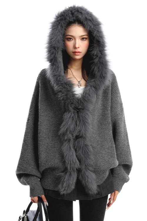 Fur Hood Zip Up Knit