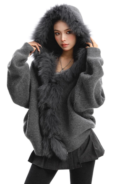 Fur Hood Zip Up Knit