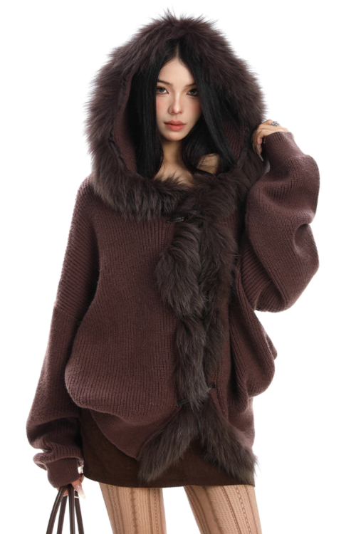 Fur Hood Zip Up Knit