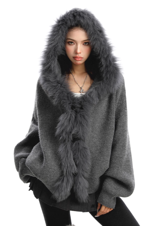 Fur Hood Zip Up Knit