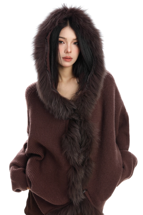 Fur Hood Zip Up Knit