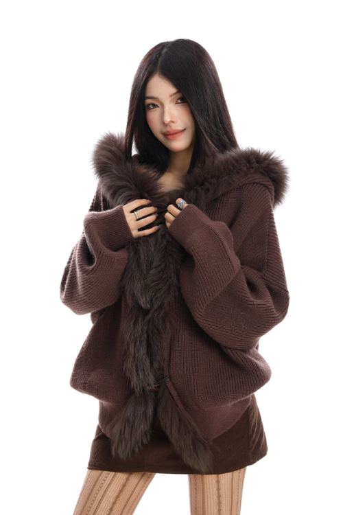 Fur Hood Zip Up Knit