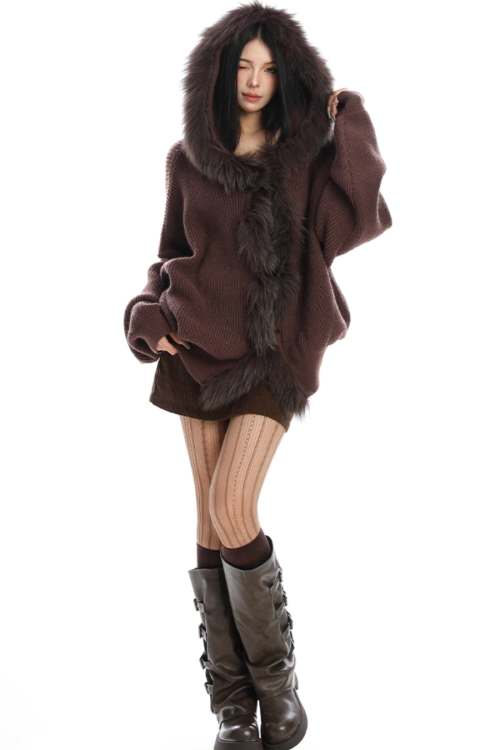 Fur Hood Zip Up Knit