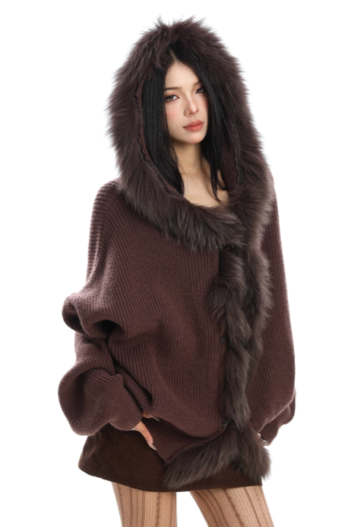 Fur Hood Zip Up Knit