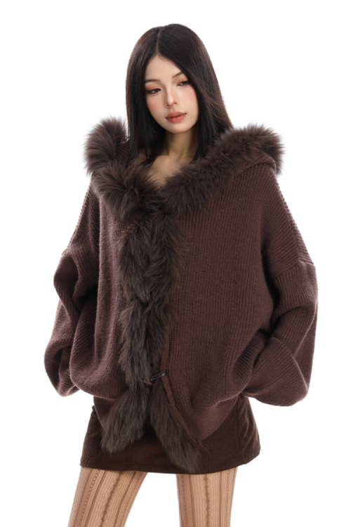 Fur Hood Zip Up Knit