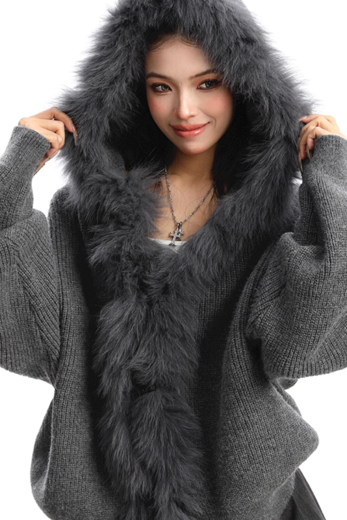 Fur Hood Zip Up Knit