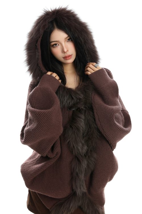 Fur Hood Zip Up Knit