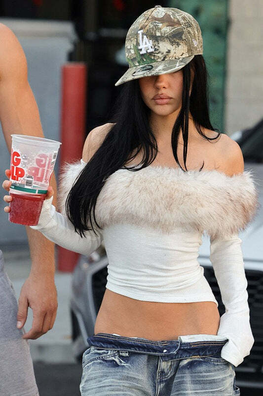 Fuzzy Long Sleeve Off Shoulder Asymmetric Long Sleeve Tee