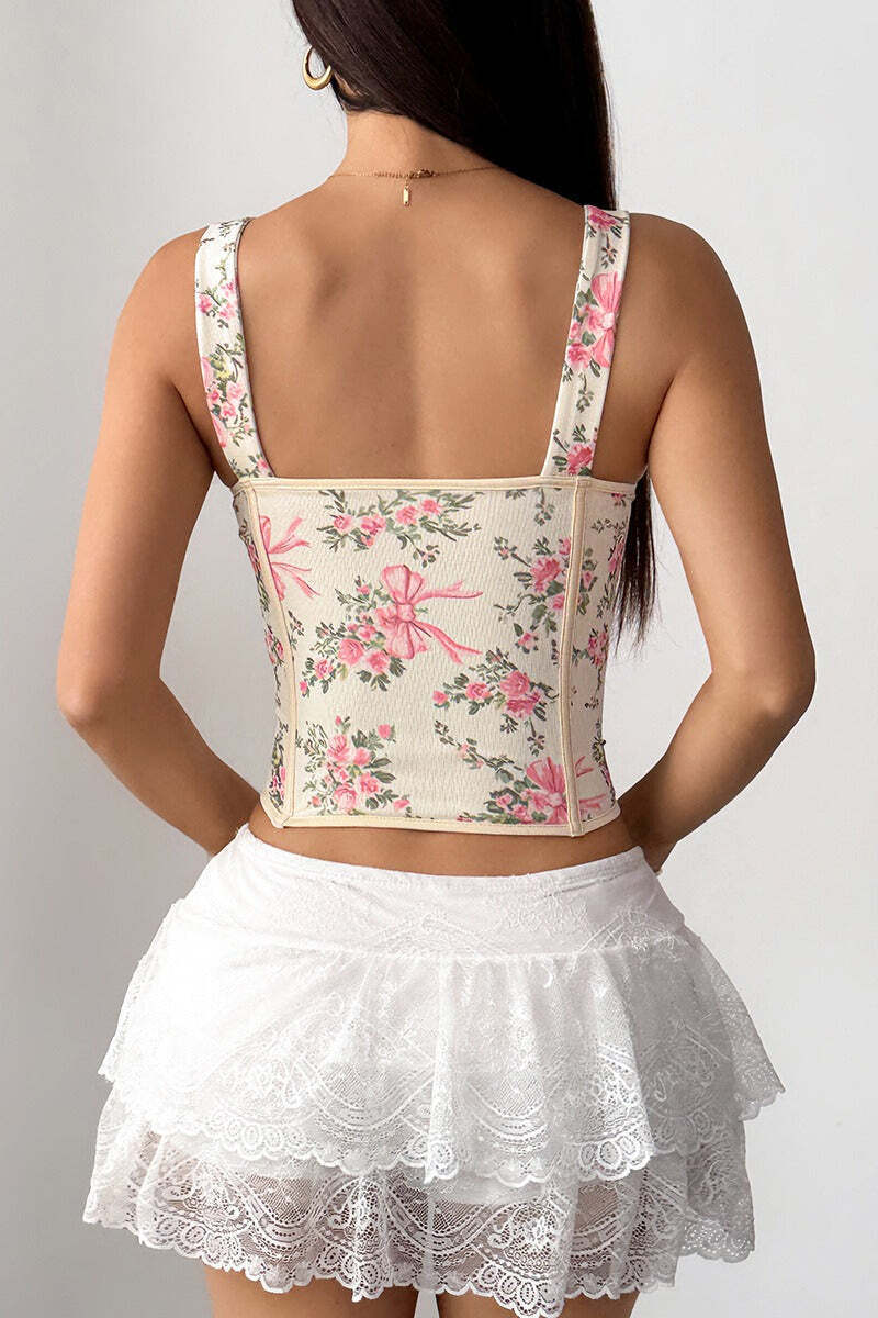 Garden Floral Print Bone Tie Bow Cami Top Garden Floral Print Bone Tie Bow Cami Top