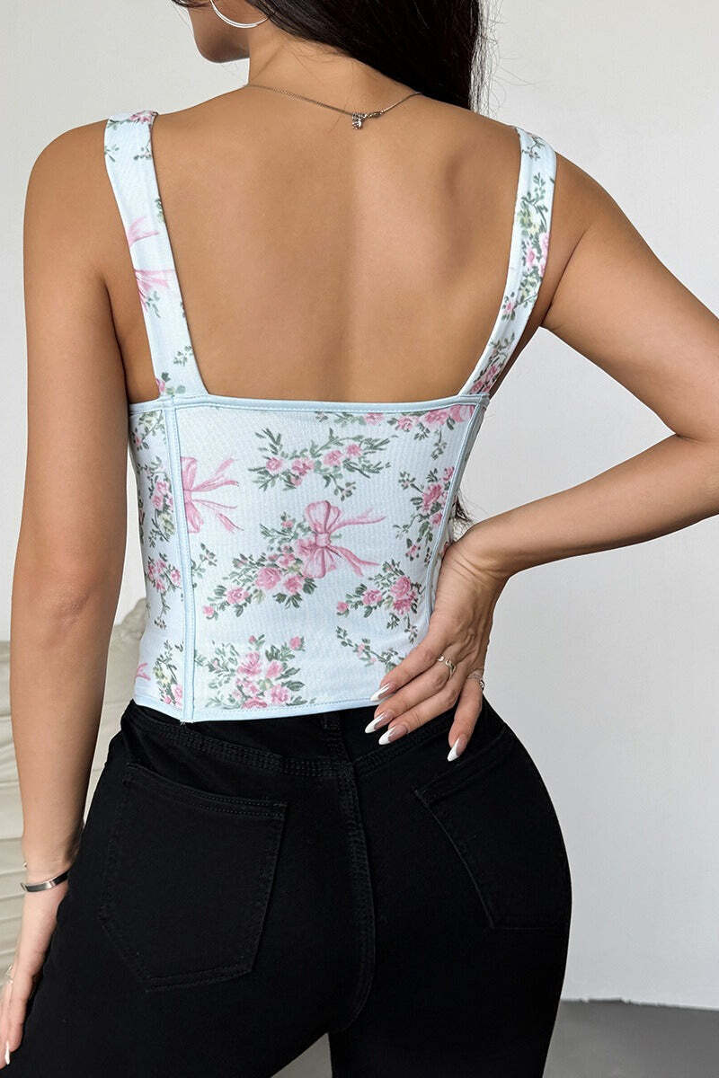 Garden Floral Print Bone Tie Bow Cami Top Garden Floral Print Bone Tie Bow Cami Top