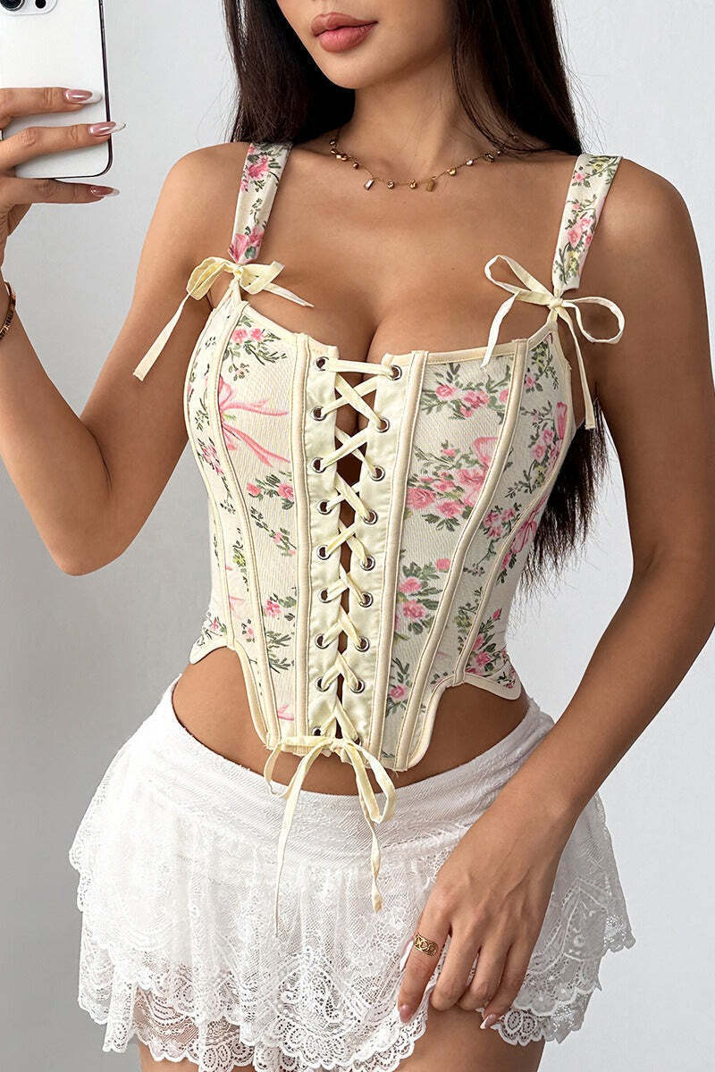Garden Floral Print Bone Tie Bow Cami Top Garden Floral Print Bone Tie Bow Cami Top