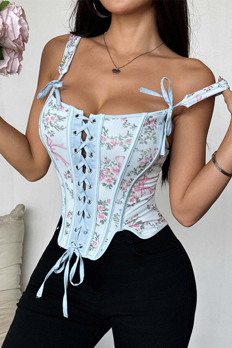 Garden Floral Print Bone Tie Bow Cami Top Garden Floral Print Bone Tie Bow Cami Top