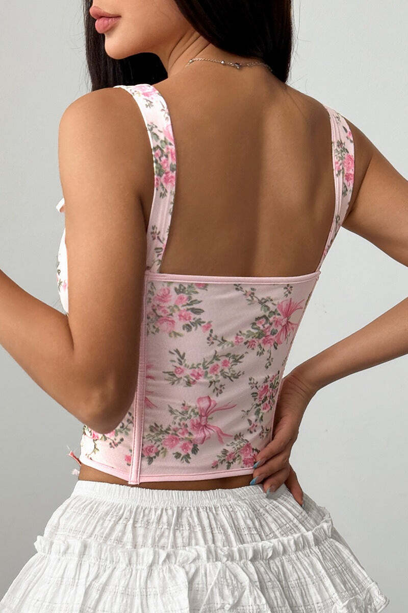 Garden Floral Print Bone Tie Bow Cami Top Garden Floral Print Bone Tie Bow Cami Top