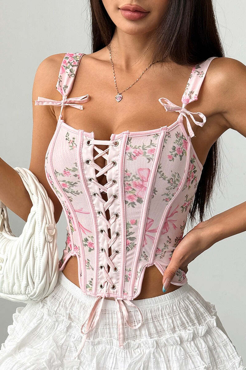 Garden Floral Print Bone Tie Bow Cami Top