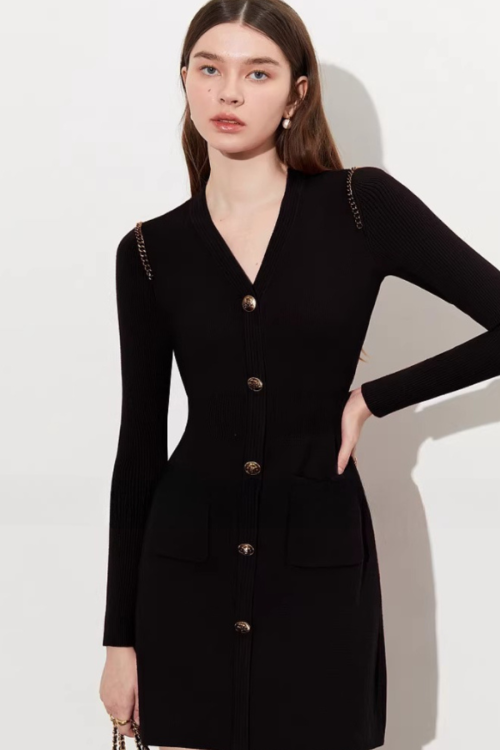 Gold Button Tight Mini Dress