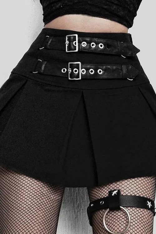 Goth Buckle Pleated Mini Skirt