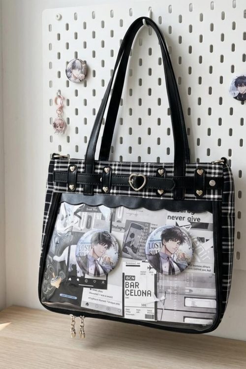 Gothic Plaid Ita Shoulder Bag with Clear Window for Pin Display