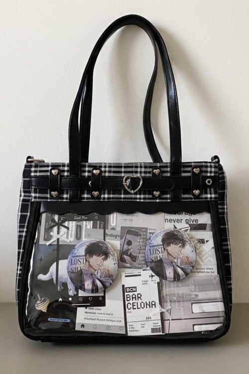 Gothic Plaid Ita Shoulder Bag with Clear Window for Pin Display