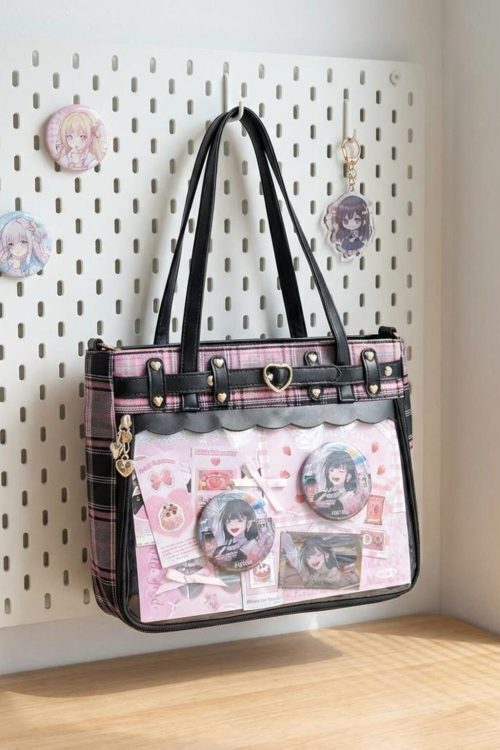 Gothic Plaid Ita Shoulder Bag with Clear Window for Pin Display