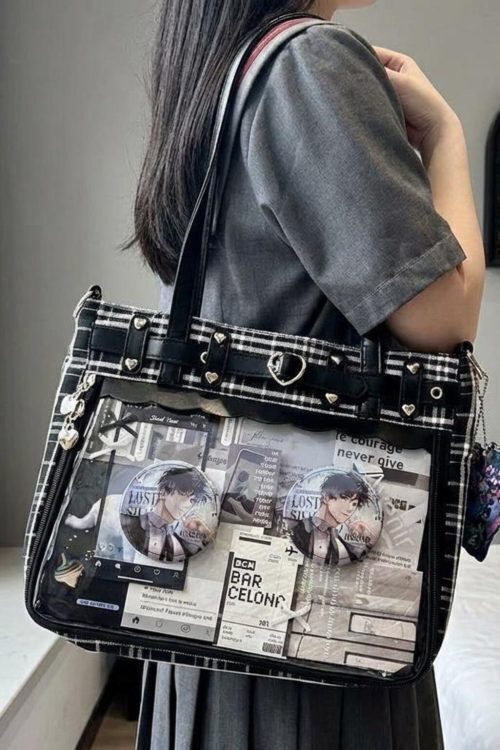 Gothic Plaid Ita Shoulder Bag with Clear Window for Pin Display