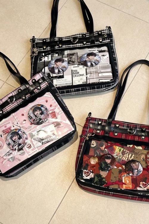 Gothic Plaid Ita Shoulder Bag with Clear Window for Pin Display