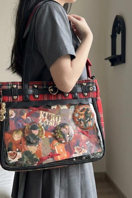 Gothic Plaid Ita Shoulder Bag with Clear Window for Pin Display