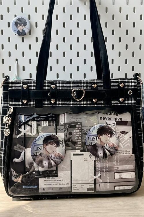 Gothic Plaid Ita Shoulder Bag with Clear Window for Pin Display