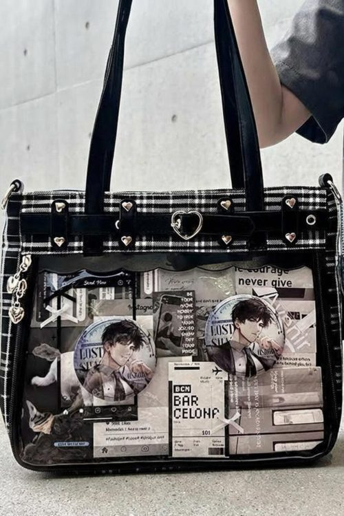 Gothic Plaid Ita Shoulder Bag with Clear Window for Pin Display