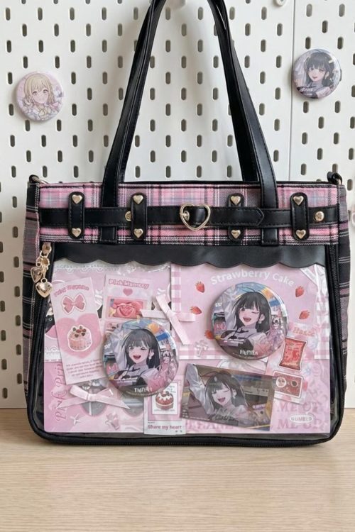 Gothic Plaid Ita Shoulder Bag with Clear Window for Pin Display