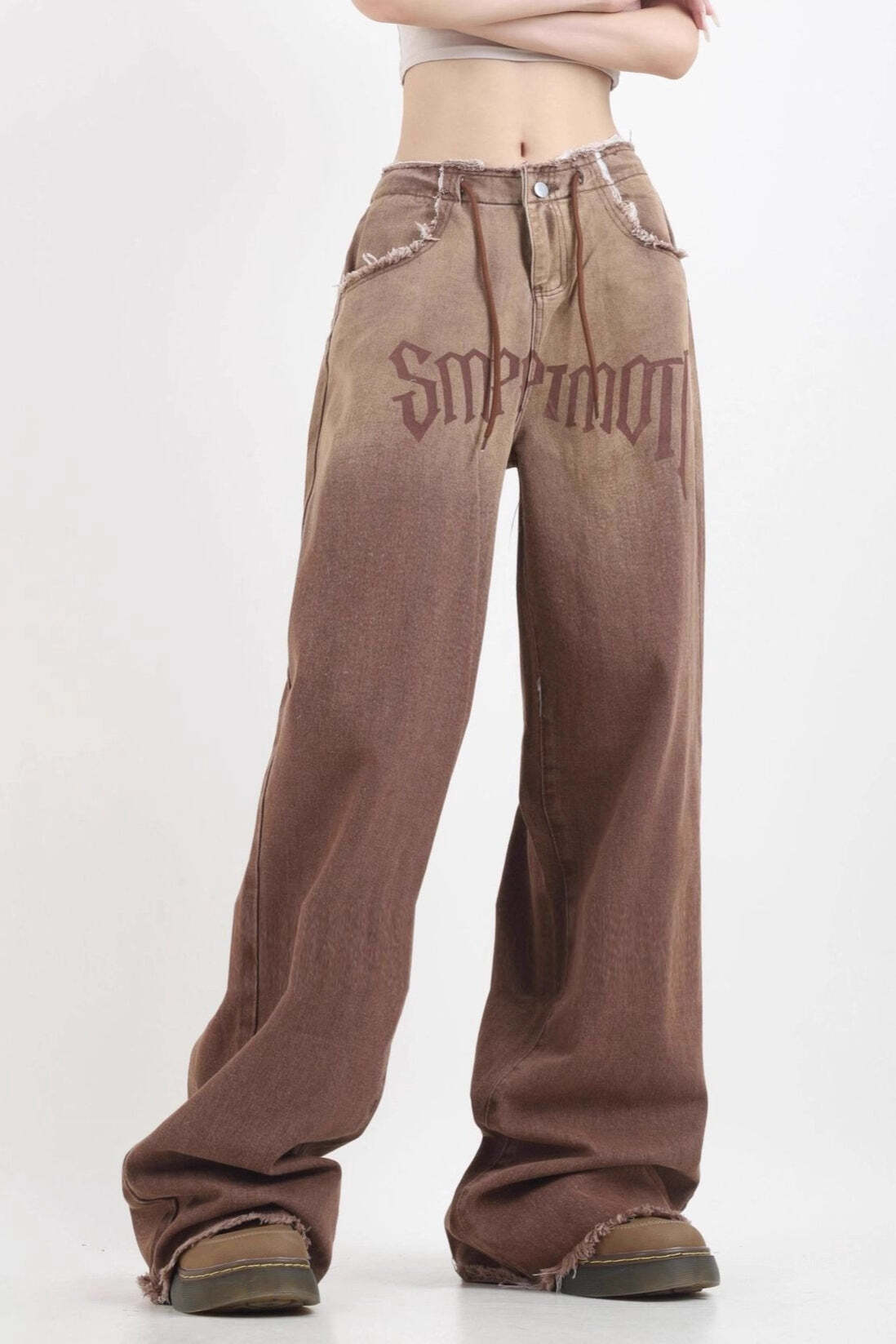 Gradient High Waist Vintage Wide Leg Frayed Jeans